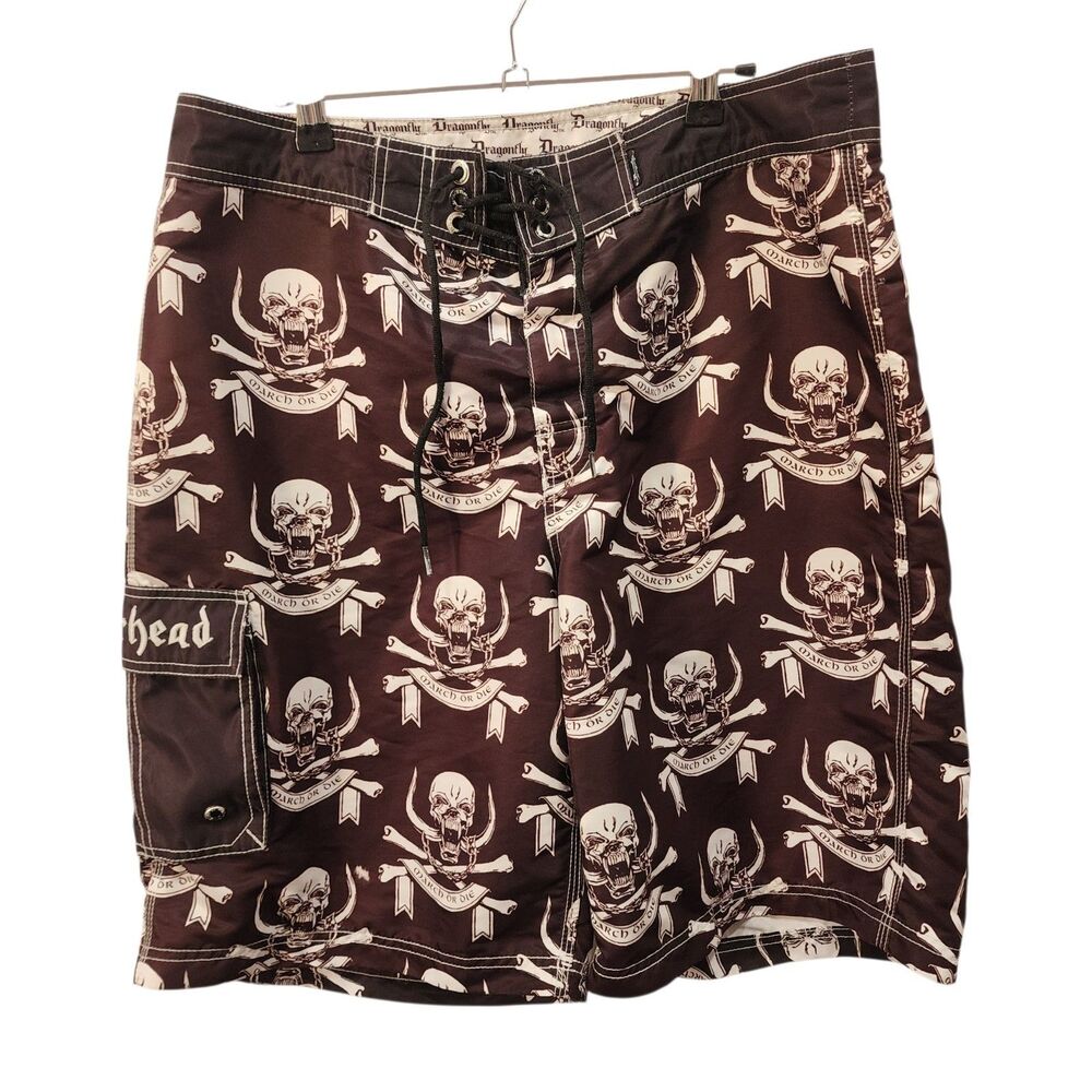 Dragonfly Skull Board Shorts 34 Brown Moto Surf Y2K Gothic Punk Swim Trunks